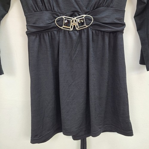 Wrapper Top Women Medium Black Stretch Deep V-Neck Beaded 3/4 Sleeve Tie Back - Picture 3 of 10