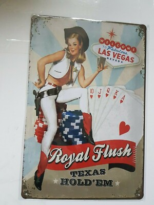 Royal Flush Girl Blechschild Retro Retro Texas Hold'em Vegas Karten KOSTENLOSER VERSAND