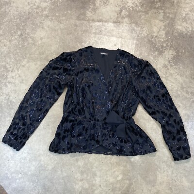 Express Blouse Womens Size Large Black Burnout Tie Waist Wrap Shirt Animal Print