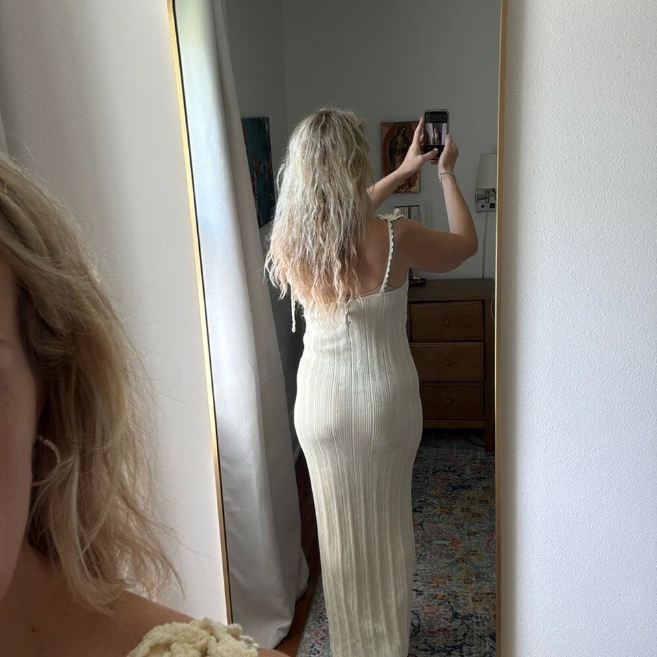 Maxi Vestido Tejido Línea y Punto Crochet Mujer Mediano Marfil Crema Foto 4 de 4