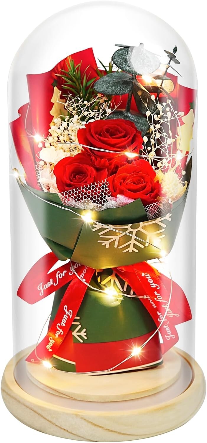 Women,Preserved Flowers Bouquet in Glass with LED Light,Flowers Fresh Bouquets G