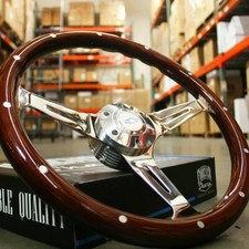 14 Slotted 3 Spoke Steering Wheel Dark Wood Riveted Grip 6 Hole Chevy Horn