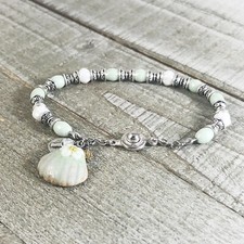 Porcelain Shell Bracelet with Czech Glass Beads in Mint Green and White