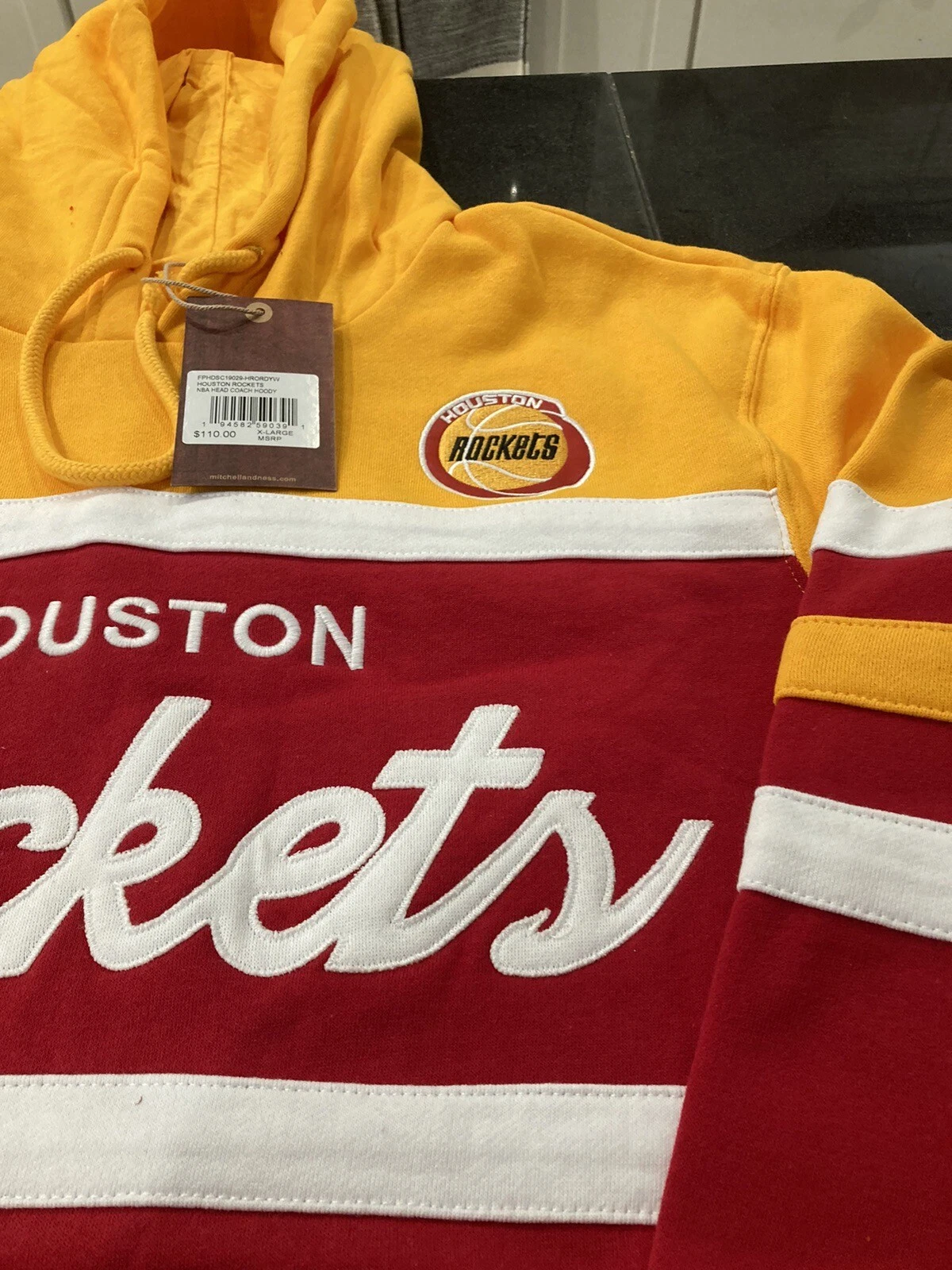 Felpa con cappuccio da uomo Mitchell & Ness Houston Rockets Head Coach ROSSA GIALLA XL nuova con etichette $110