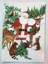 Vintage Christmas Card Santa Deer Rabbits Racoons Trees by Paper Magic Group