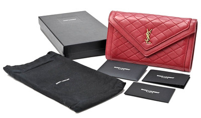 Saint Laurent Long Wallet Ysl Monogram Large Flap Red Leather With Box And  Pouch | Ebay