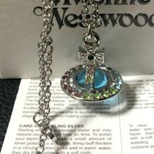 Vivienne Westwood Necklace Tri-Color Stone Tiny Orb Silver/Blue Colorful IN BOX