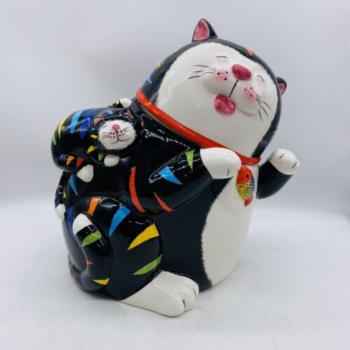 Holiday Time Cat Cookie Jar W Baby Cat On It’s Back And Fish Collar W Box Large - Picture 1 of 11