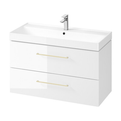 Badmöbel Set Waschbecken mit Unterschrank Waschtisch Golden Griffe LARGA100 Weiß