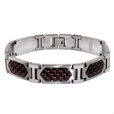 Tungsten Carbide Red Carbon Fiber Hexagon Inlay Men's Link Bracelet 8.5"