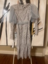 Women lace  gray Dress Knit Lining, chiffon  Sleeve, wedding, formal occasion S