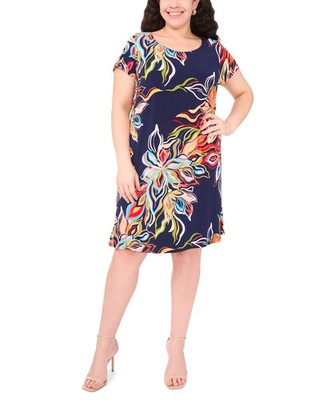 MSK Plus Size Short-Sleeve Jersey Shift Dress - Navy Multi - 1X