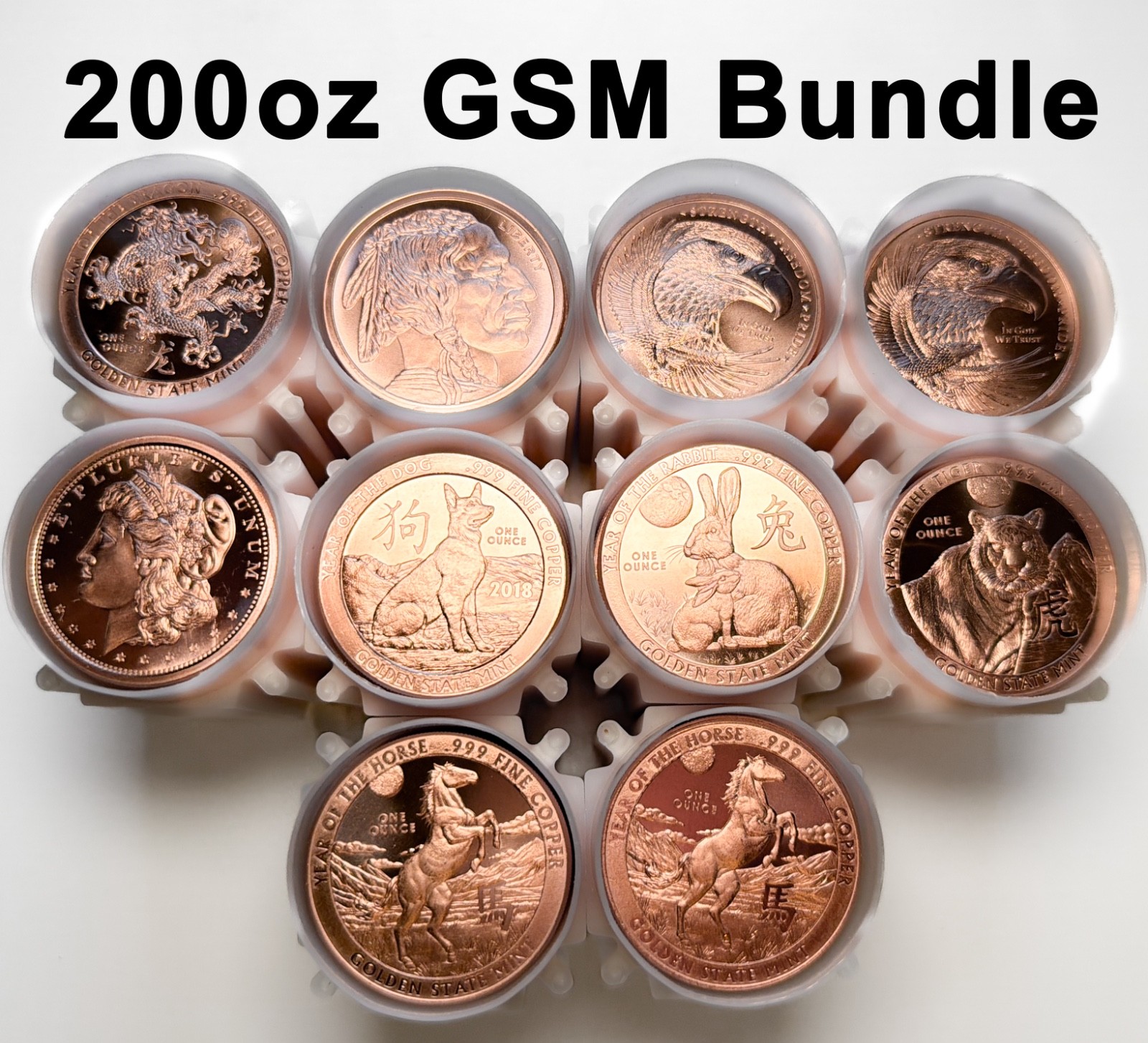 Golden State Mint Copper Rounds 200 x 1oz Bulk Lot | 10 Tube Stacker Pack GSM