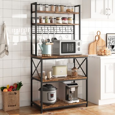 Rustic Brown 5 Tier Bakers Rack Coffee Bar Microwave Stand for Kitchen Storage