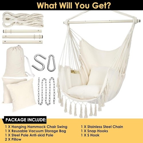 Hammock Chair Hanging Swing W/ Cushions Side Pocket Max 500 Lbs Indoor Outdoor - Picture 8 of 8