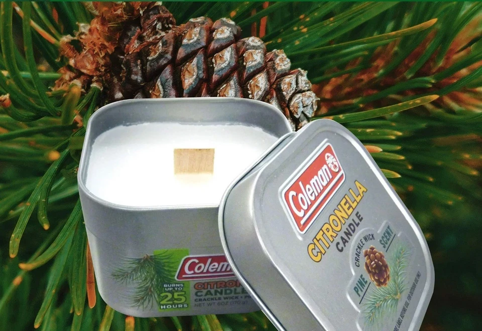 Coleman Pine Scented Citronella Candle with Wooden Crackle Wick - 6 oz Tin *NEW* - Image 2 of 3