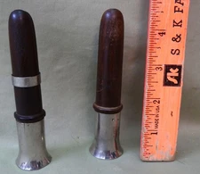 2 Vintage Elam Fisher Crow Calls, 4 1/2", Rosewood/Walnut Barrels, Nickel Horns