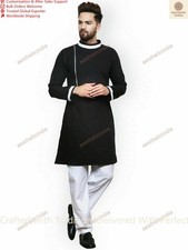 Mens Kurta Black Cotton Indian Kurat Solid Plain Full Sleeves Casual T Shirt Men