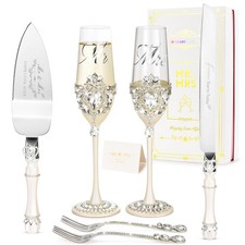 Luxury Wedding Cake Knife Server Set with Crystal Champagne Flutes, Gift-Ready