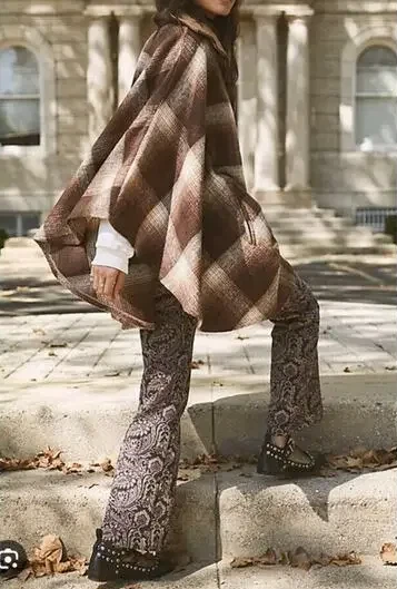 FREE PEOPLE Jacket OS Woodstock Brushed Plaid Cape Poncho 1/4 Zip Brown