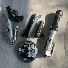 Central Pneumatic 4" Air Angle Grinder Item 95504, Discs, And Air Ratchet 3/8”