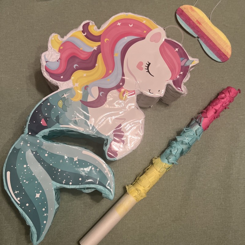 small unicorn piñata with stick & blindfold 