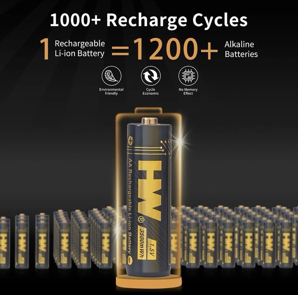 HW Rechargeable Lithium AA Batteries, 1.5V 2A, 8pack w/ Charger, NEW in Box - Image 4 of 4