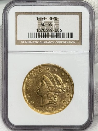 1851-P $20 Liberty Head Gold Double Eagle NGC AU 55 Type 1 Lib PRE33 Coin