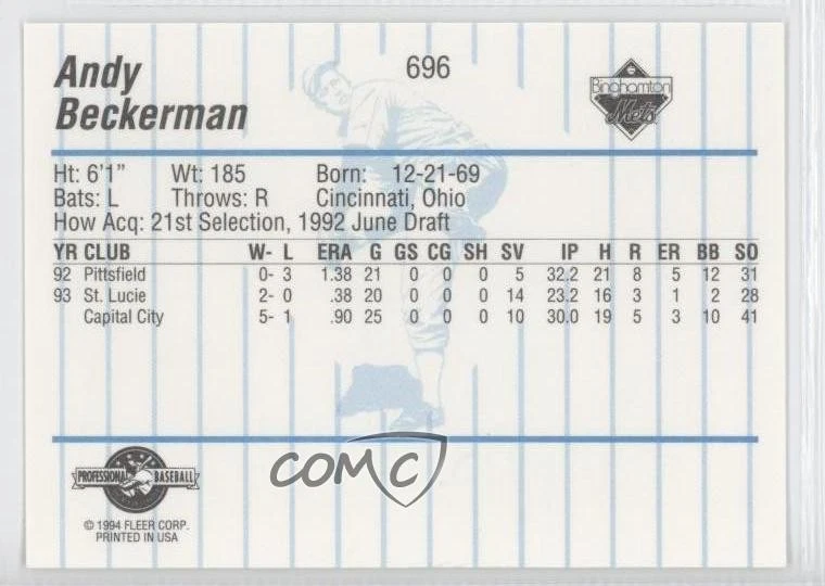1994 Fleer ProCards Minor League Andy Beckerman #696 - Image 2 of 2