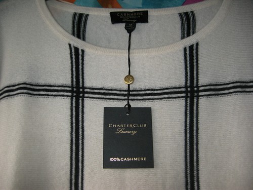 Neu mit Etikett Charter Club luxuriöser Kaschmirpullover Damen elfenbeinfarben/schwarz Fensterscheibe Medium - Bild 4 von 12