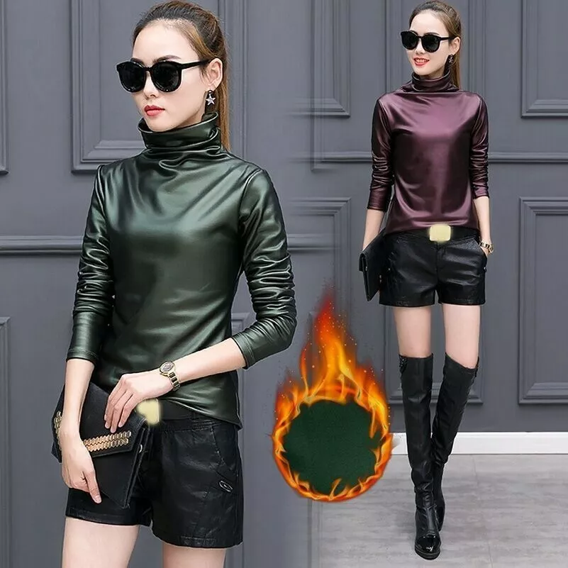 Lady Turtleneck Long Sleeve Elastic Shirt Faux Leather Solid Tops