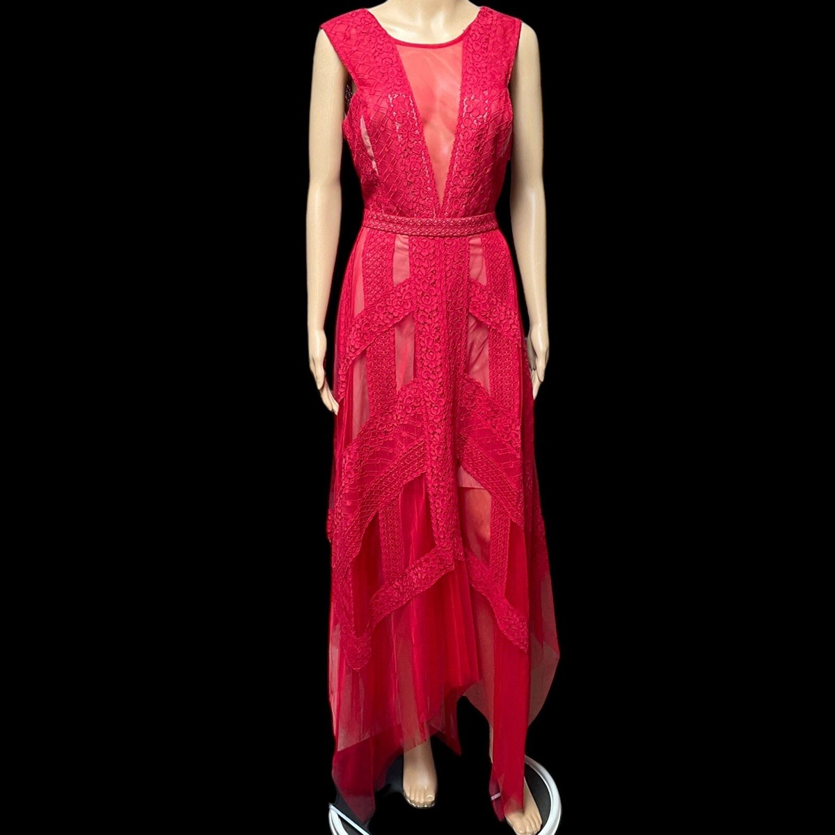 New BCBG Maxazira Andi Dress Red Lace Handkerchief Hem Prom