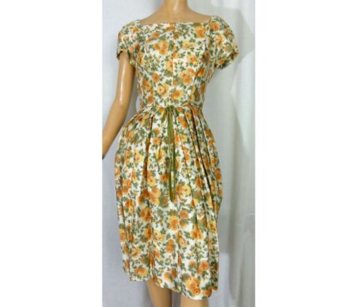 Vintage 1960s Dress Silk Bubble Skirt Gold and Green Floral Rose Print Deadstock - Picture 3 of 10