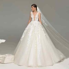 Wedding Dresses Floral Lace Vneck Long Sleeves Bridal Gowns Sweep Train Vestidos