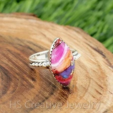 Kingman Pink Dahlia Turquoise 925 Sterling Silver Handmade Ring for Women