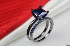 Solitaire Blue CZ Princess Cut Black 925 Silver Engagement  Wedding Rings