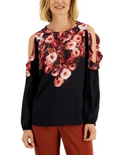 JM Collection Women's Cold Shoulder Mixed Media Floral Top Sz XL, Deep black