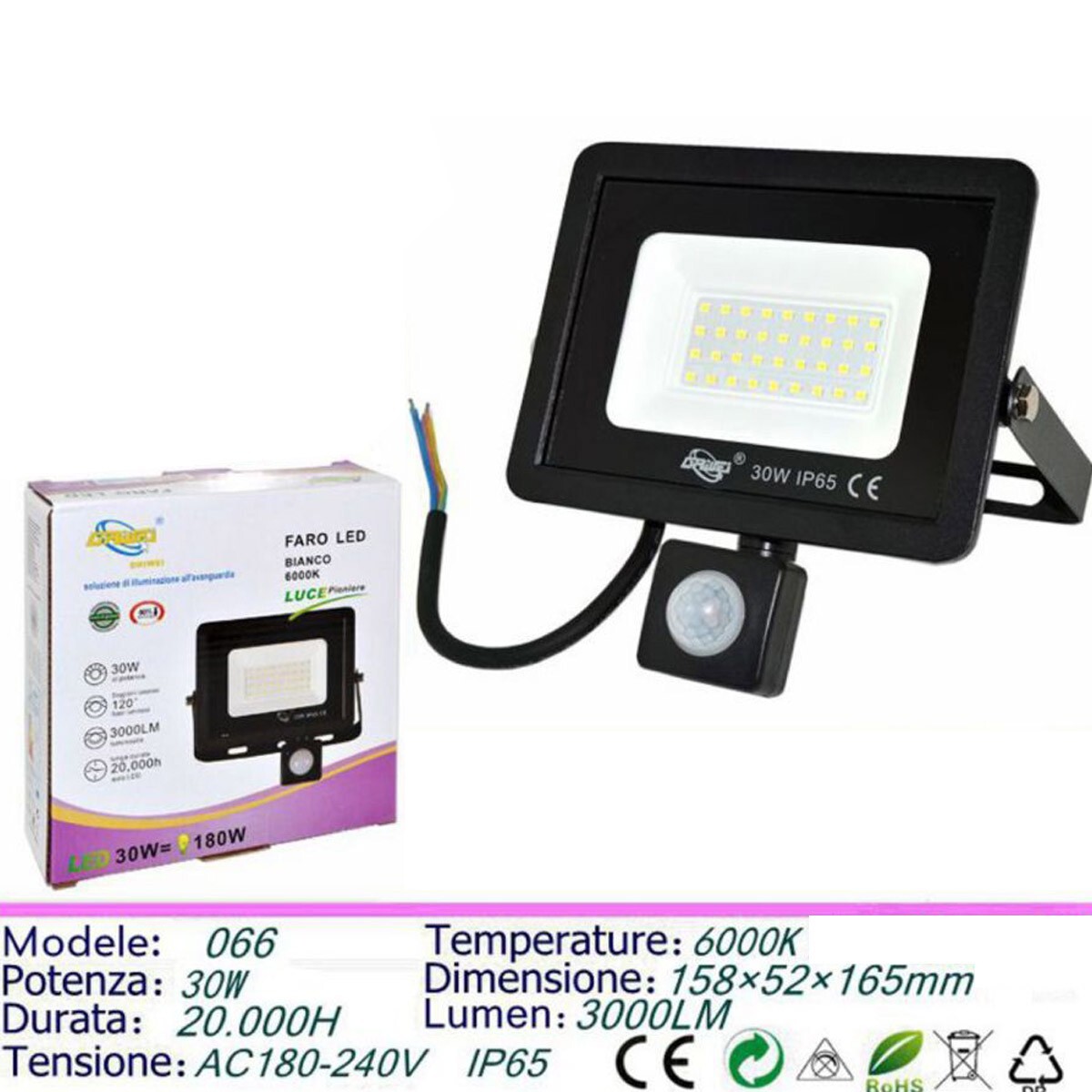 FARO LED FARETTO GIARDINO 30W LUCE FREDDA SENSORE MOVIMENTO - Foto 10