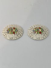 Vintage Metal Shoe Clips Ladies White and Rhinestones Filigree Oval