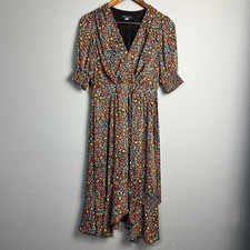 Tommy Hilfiger Floral Midi Wrap Dress Smocked Sheer Sleeve Abstract Artsy Size 4
