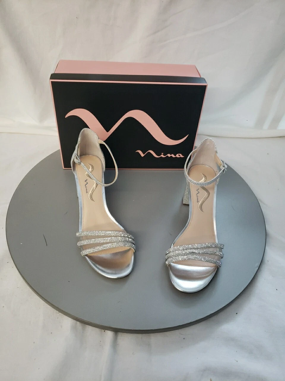 NIB NINA Silver Rhinestone Nagida Round Toe Stiletto Buckle Heeled Sandal 8M