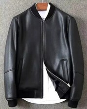 Black Men's Flight Bomber Real Sheep Skin Leather Jacket
