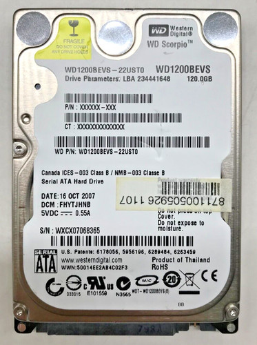 120 GB SATA NOTEBOOK FESTPLATTE WESTERN DIGITAL Scorpio  WD1200BEVS 2,5''#NFP672