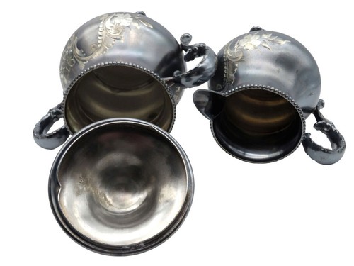 Antico set da tè Adelphi Silver Co piatto quadruplo ornato inciso floreale 4 pezzi - Foto 10 di 11