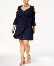 Monteau Trendy Plus Size Cold-Shoulder Faux-Wrap Dress