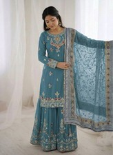 New Launch Heavy Georgette Teal Blue Top Palazzo With Dupatta For Wedding Wear