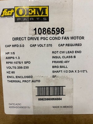 OEM ICP Heil Tempstar 1/5 HP 230v FAN MOTOR 1086598 Replaces Emerson HQ1086598EM