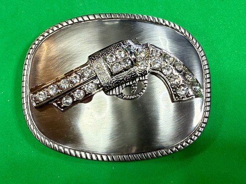 Jeweled Gun Pistol Revolver Rhinestone Accented Silver Color Oval Belt Buckle - 第 22/22 張圖片