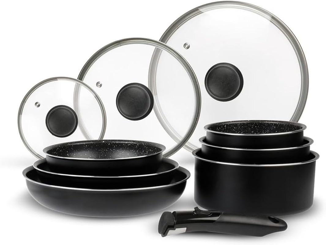 Batterie de cuisine induction 10 pièces en aluminium noir avec poêles et casseroles