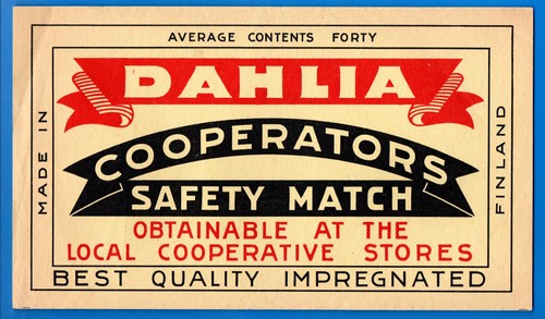 MATCHBOX ETIKETTEN FINNLAND - Dahlia Coop, Jumbo Gr, 40, Export nach UK - **